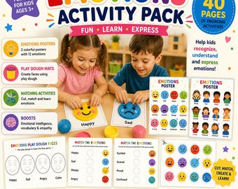 Emotions Activity Pack for Kids | Printable Emotional Learning (SEL) Worksheets, Playdough Mats & Matching Games | 40-Page Digital Download