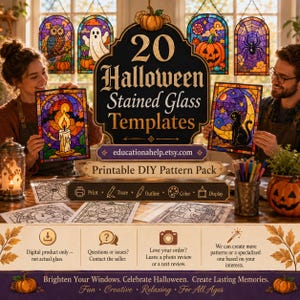 May include: A digital product listing for 20 Halloween Stained Glass Templates, featuring a printable DIY pattern pack. The display includes various stained glass designs like an owl, ghost, pumpkin, spider, candle, and cat, with instructional icons.