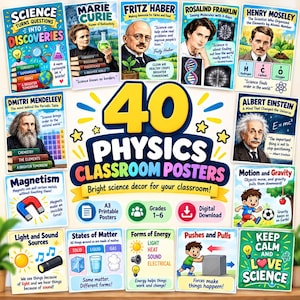 Puede incluir: Un conjunto de 40 pósteres educativos de física para el aula con ilustraciones de científicos famosos como Marie Curie y Albert Einstein, junto a diagramas que explican conceptos como el magnetismo y la energía.