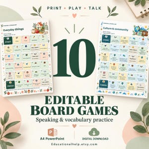Op de afbeelding: Twee printbare bordspellen voor spreek- en woordschatoefeningen, getiteld Everyday things en Culture & community. De spellen bevatten genummerde vakjes met opdrachten, illustraties en tekst in een rasterformaat voor educatief gebruik.