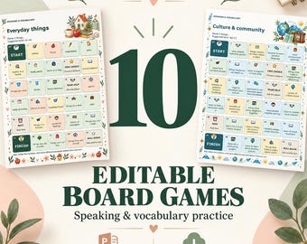 May include: Two printable board games for speaking and vocabulary practice titled Everyday things and Culture & community. The games feature numbered squares with prompts, illustrations, and text in a grid format, designed for educational use.