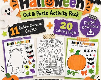 May include: A Halloween Cut & Paste Activity Pack featuring 11 build-a-character crafts and 20 coloring pages. The digital download includes sheets for building a monster and a pumpkin, plus a witch hat magic coloring page with a cat and spider.