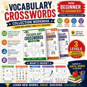 May include: A Vocabulary Crosswords collection workbook set featuring three levels from beginner to advanced. The cover displays the title, crossword grids, and educational icons. Includes sections for picture clues, topics, and solutions.