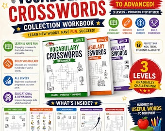 May include: A Vocabulary Crosswords collection workbook set featuring three levels from beginner to advanced. The cover displays the title, crossword grids, and educational icons. Includes sections for picture clues, topics, and solutions.