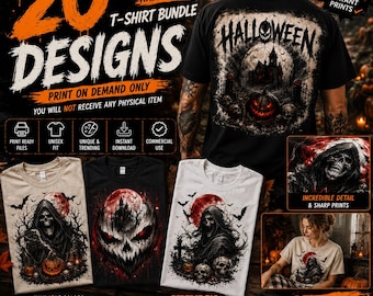 May include: A digital bundle of 20 Halloween t-shirt designs featuring graphic prints of skulls, pumpkins, haunted houses, and bats. The collection includes various black, white, and beige shirts with detailed, high-quality, and vibrant artwork.