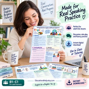 May include: A set of educational ESL speaking worksheets for adult learners, featuring topics like culture, traditions, hobbies, and time management. The documents include warm-up questions, useful expressions, pair tasks, and role-play scenarios.