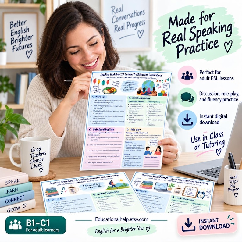 May include: A set of educational ESL speaking worksheets for adult learners, featuring topics like culture, traditions, hobbies, and time management. The documents include warm-up questions, useful expressions, pair tasks, and role-play scenarios.