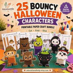 May include: A printable paper craft bundle titled 25 Bouncy Halloween Characters featuring cut, fold, and glue instructions. The set includes assembled paper figures of a scarecrow, tree, monster, werewolf, cauldron, rabbit, and ghost pirate.