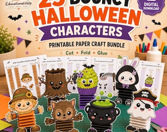 Halloween Bouncy Paper Craft Bundle, 25 Printable Characters, Kids Cut Fold Glue Activity, Color & Black White Templates, DIY Craft
