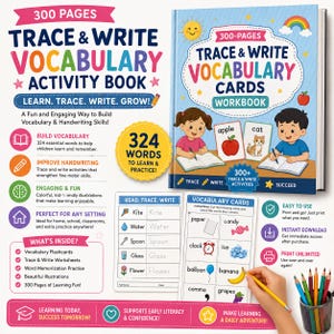 Pode incluir: Um livro de atividades de 300 páginas intitulado Trace & Write Vocabulary Activity Book, com ilustrações coloridas de crianças, cartões de vocabulário e folhas de exercícios para praticar a caligrafia, exibindo o título, sol, arco-íris e maçã.