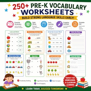 250+ Pre-K Vocabulary Worksheets | Ultimate Homeschool English Teaching Resource | Sight Words & Basic Concepts (PDF)