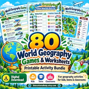 Op de afbeelding: Een digitaal downloadpakket met 80 aardrijkskundespellen en werkbladen. De afbeelding toont drie activiteitenbladen met de titels Volcanoes of the World Match-Up, Famous Waterfalls Match-Up en Map Symbols Treasure Hunt, samen met een wereldbol.