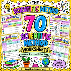 Puede incluir: Una colección de 70 hojas de trabajo imprimibles sobre el método científico con gráficos educativos coloridos, incluyendo una bombilla, un átomo, una planta en maceta, un globo terráqueo y un vaso de precipitados. Contiene ejercicios y tablas.