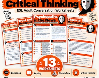 May include: A set of 13 ESL adult conversation worksheets titled Psychopaths and Critical Thinking. The orange and white pages feature discussion questions, reading texts, and vocabulary exercises on topics like social media, trust, and manipulation.