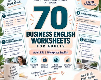 May include: A digital download set of 70 Business English Worksheets for adults, featuring lessons on making requests, handling complaints, giving advice, and networking. Includes a white mug with the text Better English Brighter Opportunities.