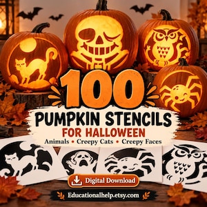 May include: A collection of 100 pumpkin stencils for Halloween featuring designs of animals, cats, and faces. The image displays carved pumpkins with glowing interiors and printed stencil sheets on a wooden surface with autumn leaves.