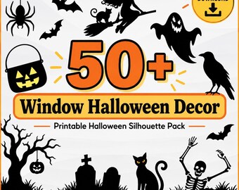 50+ Halloween Window Decor Printables | Spooky Window Silhouettes | Witch Ghost Bat Cat Skeleton Decorations | Instant Digital Download