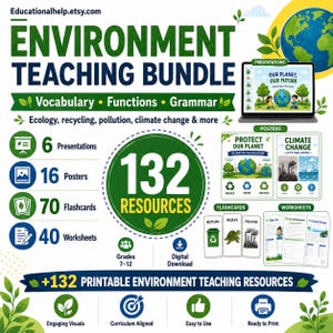 Può includere: Un pacchetto didattico sull'ambiente con 132 risorse, tra cui 6 presentazioni, 16 poster, 70 flashcard e 40 schede didattiche per i gradi 7-12. Il download digitale include grafiche riguardanti la Terra, il riciclo e il cambiamento climatico.