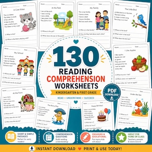 Könnte beinhalten: Eine Sammlung von 130 Leseverständnis-Arbeitsblättern für Kindergarten und erste Klasse mit illustrierten Texten über Kätzchen, Parks, Familien, Vögel, Schulen, Äpfel, Bauernhöfe, Regentage, Geburtstage und das Meer als PDF-Download.