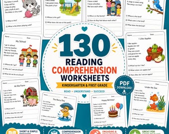130 Reading Comprehension Worksheets Printable | Kindergarten First Grade Language Arts | Reading Passages with Questions | PDF Download