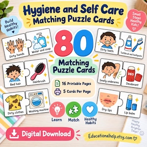 Op de afbeelding: Een set van 80 hygiëne- en zelfzorg-puzzelkaarten met illustraties van dagelijkse gewoonten zoals handen wassen, tandenpoetsen en deodorant gebruiken. De digitale download bevat 16 printbare pagina's met 5 kaarten per pagina voor kinderen.