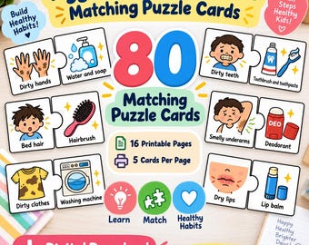 May include: A set of 80 Hygiene and Self Care Matching Puzzle Cards featuring illustrations of daily habits like washing hands, brushing teeth, and using deodorant. The digital download includes 16 printable pages with 5 cards per page for kids.