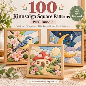 May include: A digital download bundle of 100 Kinusaiga square patterns featuring fabric art templates. Three framed examples show a blue bird with cherry blossoms, a mushroom house in a landscape, and a crescent moon with stars in a night sky.
