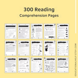 Puede incluir: Un conjunto de 300 páginas de comprensión lectora en blanco y negro. Cada página presenta una historia corta con preguntas de acompañamiento para evaluar las habilidades de comprensión lectora.