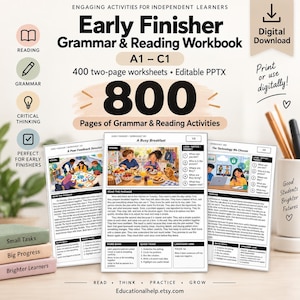 May include: A digital download Early Finisher Grammar & Reading Workbook featuring 800 pages of activities for A1-C1 levels. The set includes 400 two-page worksheets in editable PPTX format, displayed with sample pages showing reading passages.