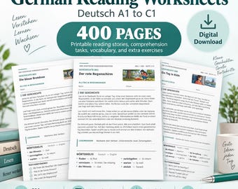 May include: A digital download of 400 pages of German reading worksheets for levels A1 to C1. The pages feature short stories, comprehension tasks, vocabulary, and exercises. Titles include 200 Deutsche Kurzgeschichten, Die blaue Brotdose, Der rote Regenschirm, and Ein Tag in Köln, with sections for word help and text understanding.