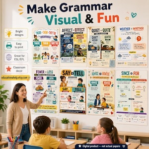 Puede incluir: Un conjunto de ocho pósteres educativos de gramática titulados Make Grammar Visual & Fun, con ilustraciones coloridas y texto que explica pares de palabras como There/Their/They're, Affect/Effect, Quiet/Quite, Weather/Whether, Fewer/Less, Say/Tell, Advice/Advise y Since/For.
