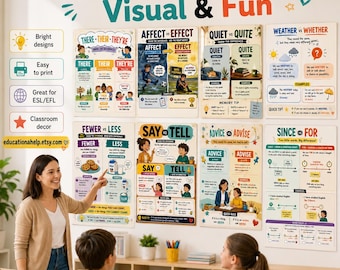 May include: A set of eight educational grammar posters titled Make Grammar Visual & Fun, featuring colourful illustrations and text explaining word pairs like There/Their/They're, Affect/Effect, Quiet/Quite, Weather/Whether, Fewer/Less, Say/Tell, Advice/Advise, and Since/For.