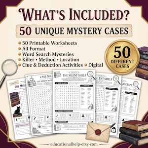 Puede incluir: Una colección digital de 50 hojas de trabajo de casos de misterio imprimibles en formato A4. El conjunto incluye sopas de letras, actividades de deducción y notas de caso. El diseño presenta ilustraciones de libros, una lupa y un sobre.