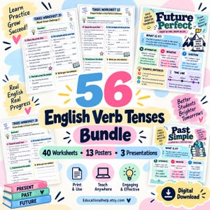 Puede incluir: Un paquete educativo digital titulado 56 English Verb Tenses Bundle, que incluye 40 hojas de trabajo, 13 pósteres y 3 presentaciones. El diseño presenta texto colorido, iconos y tablas gramaticales sobre tiempos verbales.