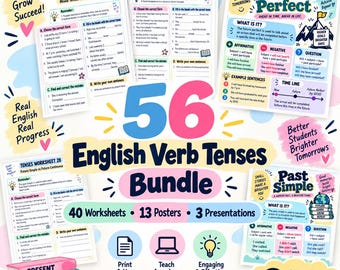 May include: A digital educational bundle titled 56 English Verb Tenses Bundle, featuring 40 worksheets, 13 posters, and 3 presentations. The design includes colorful text, icons, and grammar charts for Future Perfect and Past Simple tenses.