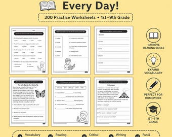 May include: A collection of educational practice worksheets for 1st-9th grade students titled Build Strong Readers Every Day. The set includes six sample pages featuring vocabulary exercises, reading comprehension passages, and fill-in-the-blank tasks.
