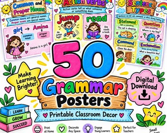 May include: A collection of 50 educational grammar posters featuring colorful illustrations, cartoon characters, and text explaining common nouns, proper nouns, action verbs, and sentence types. The design includes wooden sign graphics, stars, and hearts.