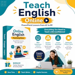 Megapack de enseñanza de inglés en línea: +20 presentaciones de PowerPoint - Presentaciones de lecciones de A1 a B1 sin esfuerzo - Profesor en línea - lecciones