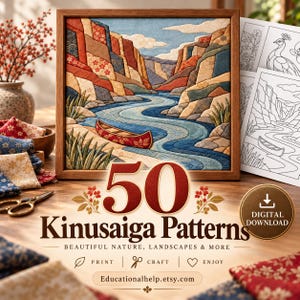 Puede incluir: Una pieza de arte en tela enmarcada que representa un cañón fluvial con una canoa roja, rodeada de retazos de tela y hojas de patrones impresos. El texto dice 50 Kinusaiga Patterns, Beautiful Nature, Landscapes & More, Print, Craft, Enjoy y Educationalhelp.etsy.com.