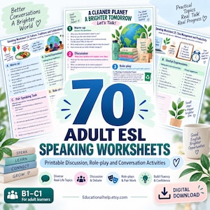 May include: A collection of 70 adult ESL speaking worksheets featuring printable discussion, role-play, and conversation activities. The documents include educational content, illustrations of a globe, and a stack of books labeled Speak, Learn, Connect, Grow.