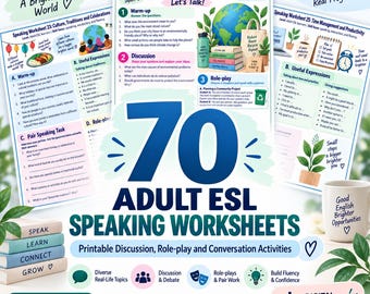 May include: A collection of 70 adult ESL speaking worksheets featuring printable discussion, role-play, and conversation activities. The documents include educational content, illustrations of a globe, and a stack of books labeled Speak, Learn, Connect, Grow.