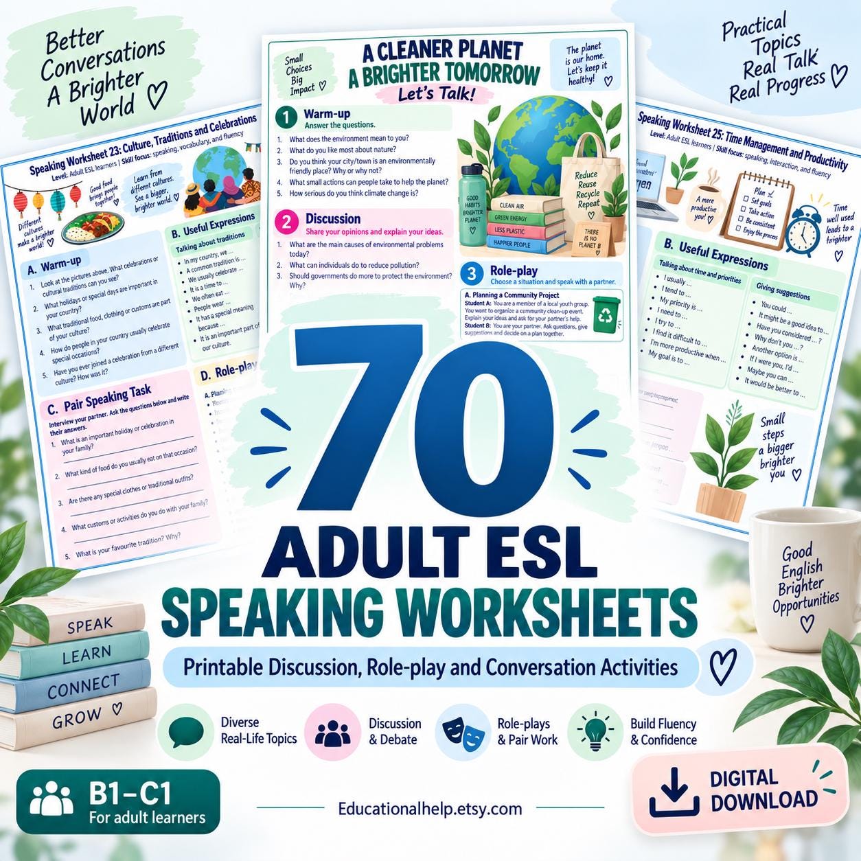 70 Adult ESL Speaking Worksheets | Conversation Practice Activities | B1-C1 English Speaking Lessons | Printable ESL PDF