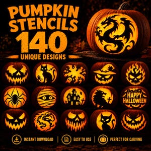 May include: A digital collection of 140 pumpkin stencils featuring various Halloween designs including a dragon, cat, spider, mummy, haunted house, and text reading Happy Halloween. The image displays orange text on a dark background.