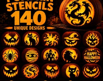 140 printbare pompoensjablonen | Halloweenpompoensjablonen | Direct digitaal te downloaden | Eenvoudige en griezelige Jack-o'-Lantern PDF-print