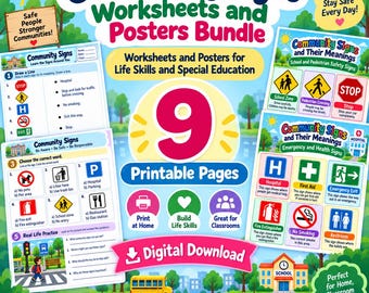May include: A digital bundle of 9 printable pages featuring community signs, worksheets, and posters for life skills and special education. The colorful graphics include traffic, safety, and emergency signs with text like Community Signs Worksheets and Posters Bundle and Learn Recognize Stay Safe Every Day.
