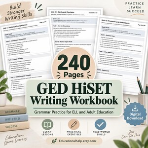 以下が含まれることがあります： 240ページのGED HiSETライティングワークブック。ELLおよび成人教育向けの文法練習が含まれています。文章の完成度、明瞭さ、簡潔さ、代名詞、先行詞に関するレッスンと、実践的な演習問題が掲載されています。