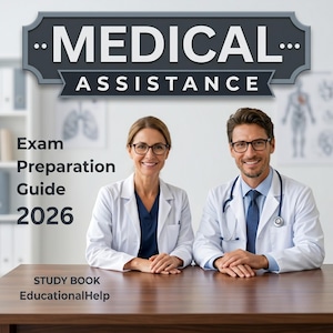 Può includere: Un libro di studio intitolato "Medical Assistance" con il testo "Exam Preparation Guide 2026" e "Study Book EducationalHelp". L'immagine presenta due professionisti medici sorridenti in camici bianchi, con stetoscopi e occhiali.