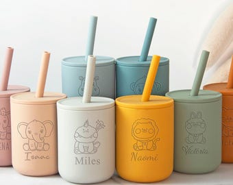 Vaso de silicona personalizado con pajita de 200 ml para bebés, vaso hermético grabado con tapa, vaso de silicona para niños pequeños, regalo para fiestas y baby showers