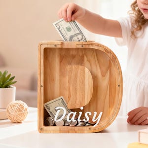 Salvadanaio in legno personalizzato con iniziali, salvadanaio con lettere dell'alfabeto per bambini, salvadanaio con nome inciso personalizzato, baby shower, regalo per bambina, decorazione per la cameretta dei bambini