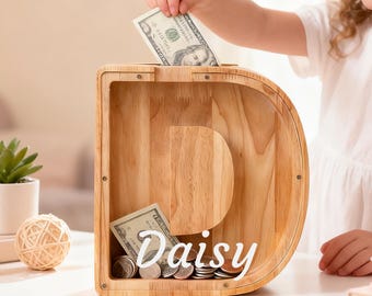 Personalized Wooden Initial Piggy Bank, Kid Alphabet Letter Bank, Custom Engraved Name Coin Bank, Baby Shower, Gift for Girl, Nursery Decor